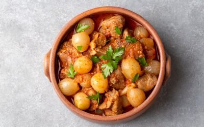 Traditional Greek dish of beef stifado in a sauce. Meat stew, onion stew. sogan yahni or et yahni